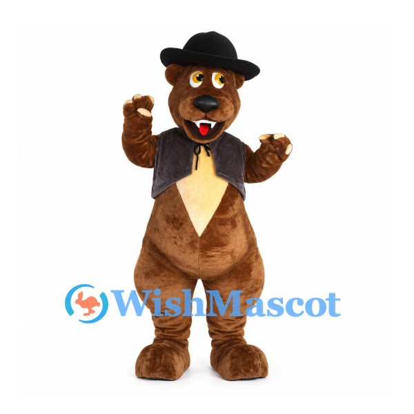 Bear Mascot Costume with Black Hat and Gray Vest