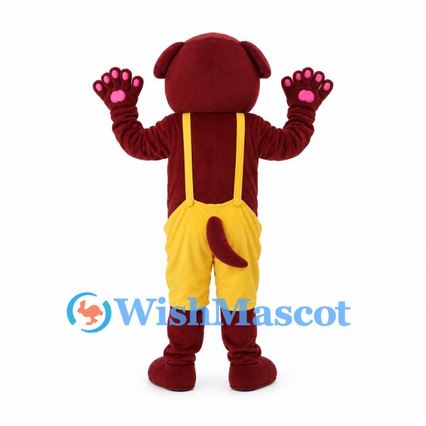 Dog Mascot Costume in Burgundy with Yellow Suspender Shorts