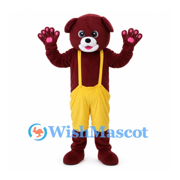 Dog Mascot Costume in Burgundy with Yellow Suspender Shorts