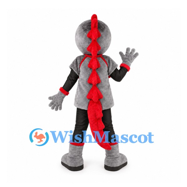 Dragon Mascot Costume in Gray with Red Spines and Black Sleeves