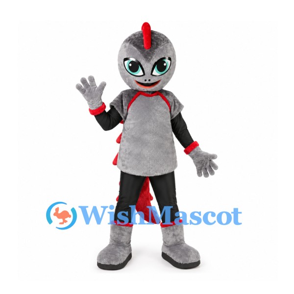 Dragon Mascot Costume in Gray with Red Spines and Black Sleeves