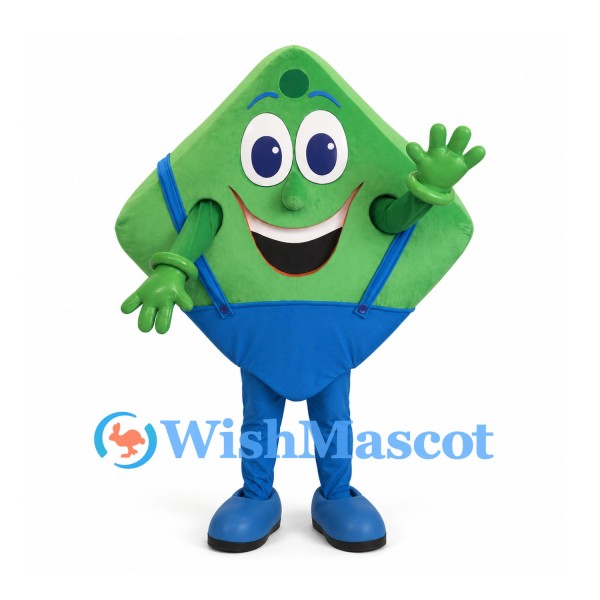 Diamond Character Mascot Costume in Green with Blue Overalls
