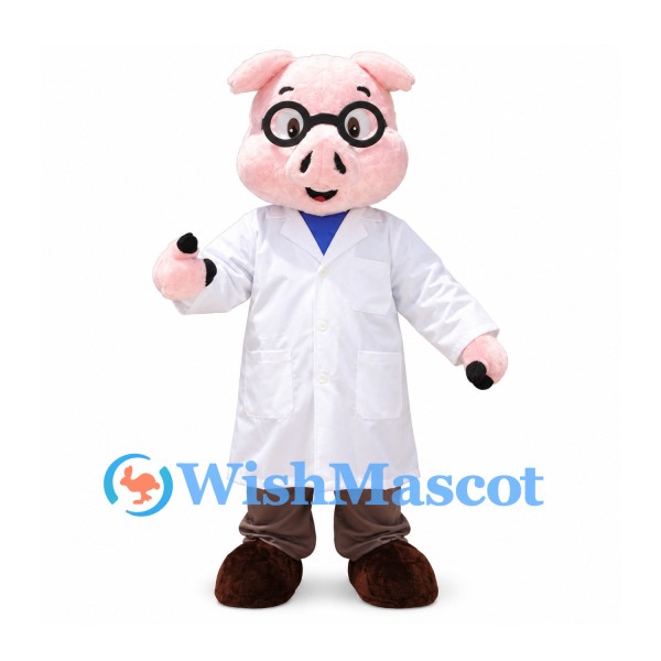 Pig Mascot Costume with Glasses and White Doctor Coat