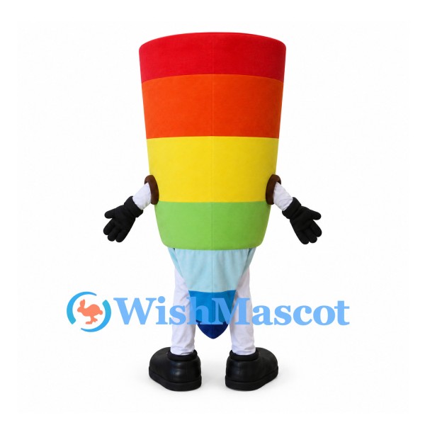 Pencil Mascot Costume with Rainbow Stripes and Smiling Face