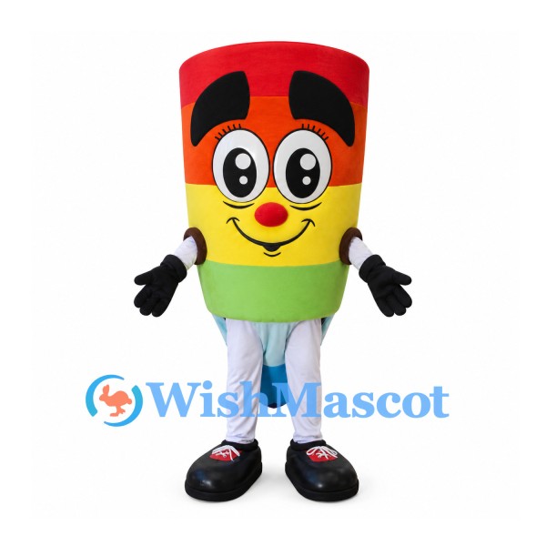 Pencil Mascot Costume with Rainbow Stripes and Smiling Face
