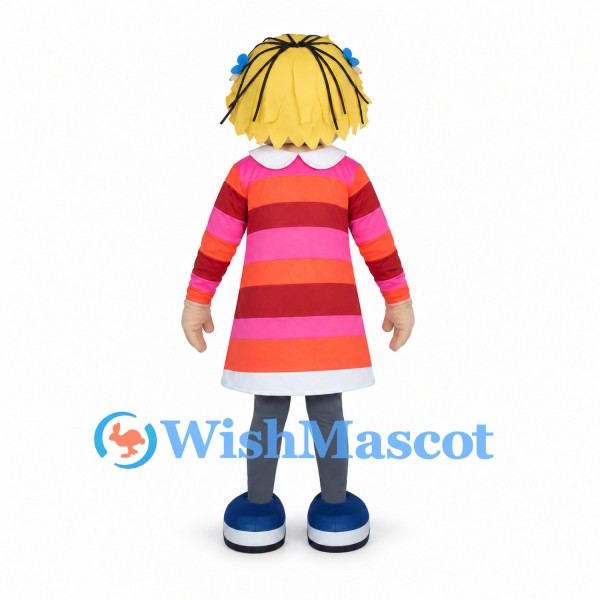 Girl Mascot Costume with Blonde Hair and Pink Striped Dress
