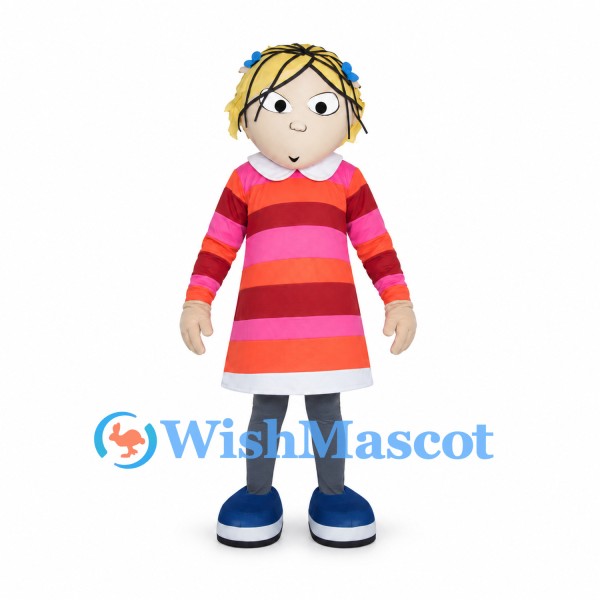 Girl Mascot Costume with Blonde Hair and Pink Striped Dress