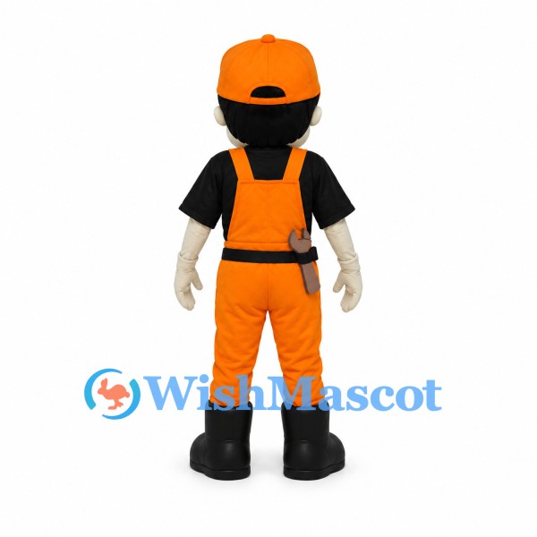 Worker Mascot Costume with Orange Cap and Overalls