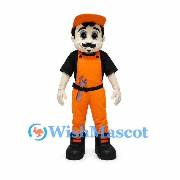 Worker Mascot Costume with Orange Cap and Overalls