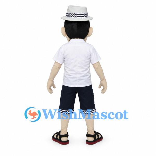 Man Mascot Costume with White Hat and Black Shorts