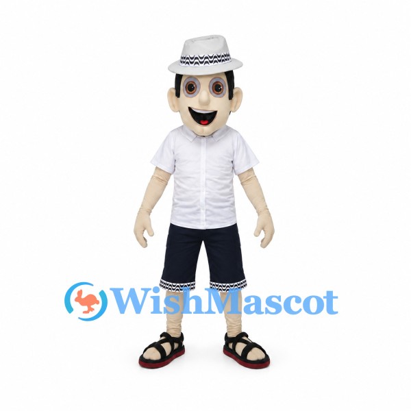 Man Mascot Costume with White Hat and Black Shorts