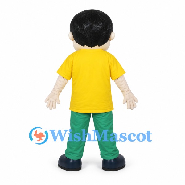 Boy Mascot Costume with Black Hair and Yellow T-Shirt