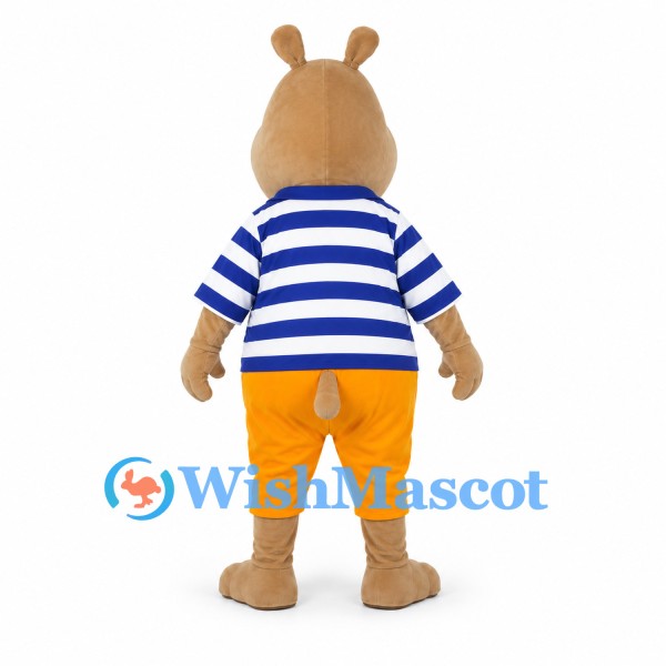 Hippo Mascot Costume with Blue Striped Shirt and Orange Shorts