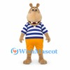 Hippo Mascot Costume with Blue Striped Shirt and Orange Shorts