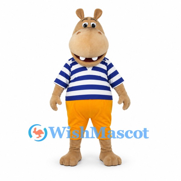 Hippo Mascot Costume with Blue Striped Shirt and Orange Shorts