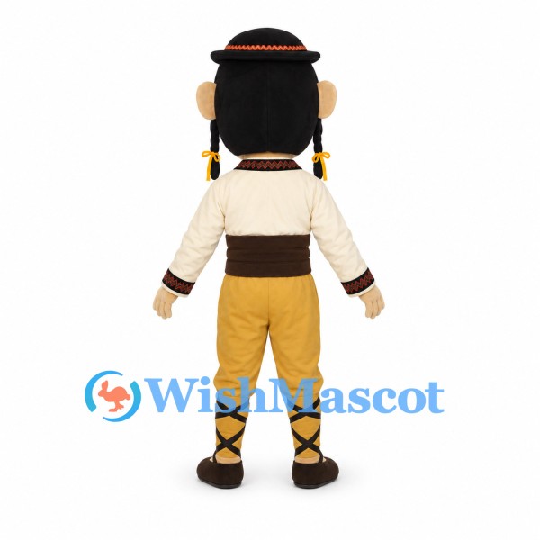 Man Mascot Costume with Black Hat, Braids and Yellow Trousers