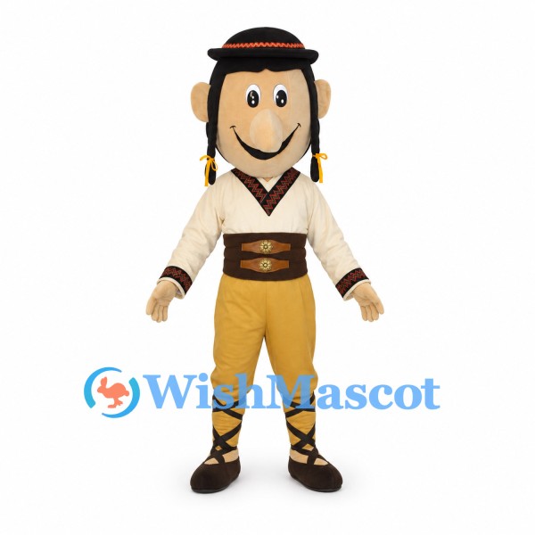 Man Mascot Costume with Black Hat, Braids and Yellow Trousers