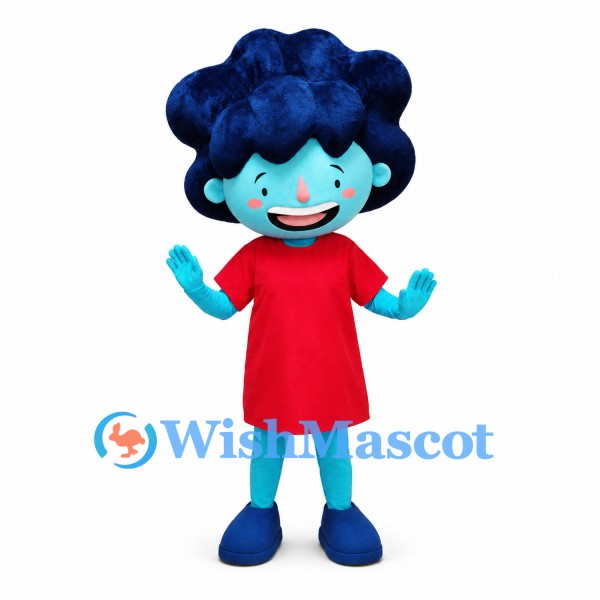Girl Mascot Costume in Blue with Large Hair and Red Dress