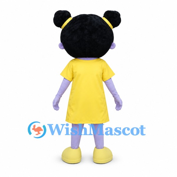 Girl Mascot Costume with Black Hair Buns and Yellow Dress