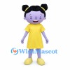 Girl Mascot Costume with Black Hair Buns and Yellow Dress