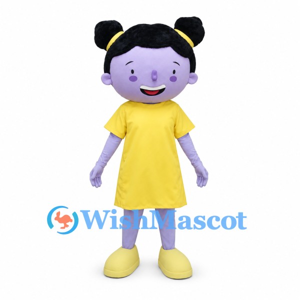 Girl Mascot Costume with Black Hair Buns and Yellow Dress