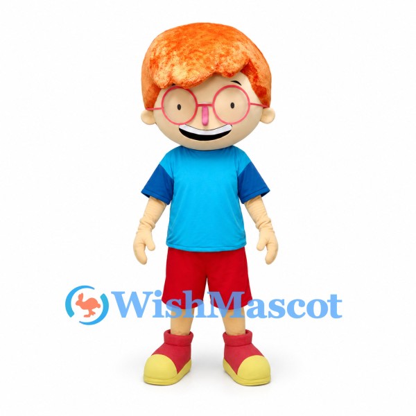 Boy Mascot Costume with Orange Curly Hair and Red Glasses