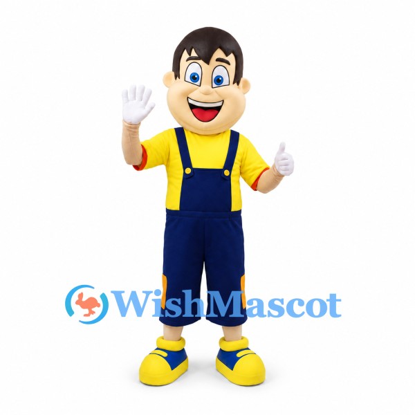 Boy Mascot Costume with Yellow Shirt and Navy Overalls