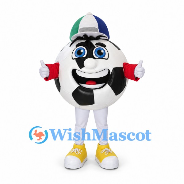 Soccer Ball Mascot Costume with Striped Cap and Yellow Shoes