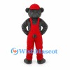 Bear Mascot Costume in Black with Red Cap and Overalls