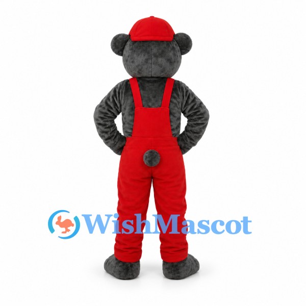 Bear Mascot Costume in Black with Red Cap and Overalls