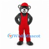 Bear Mascot Costume in Black with Red Cap and Overalls