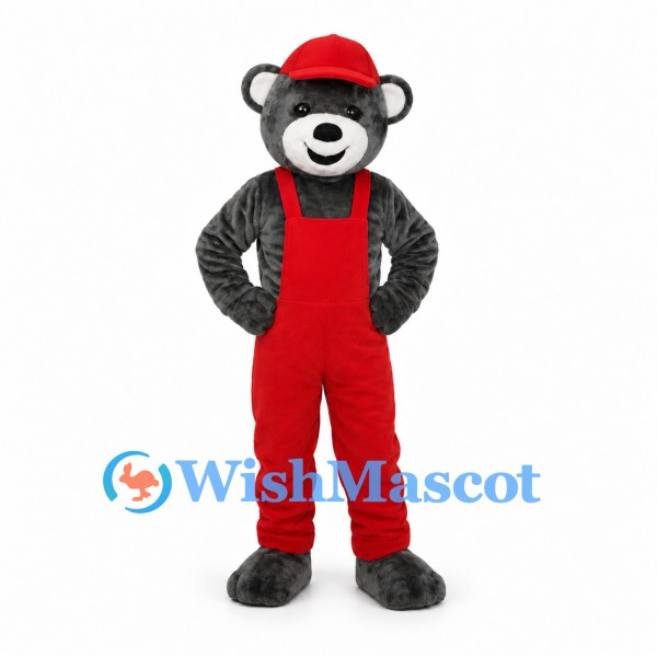 Bear Mascot Costume in Black with Red Cap and Overalls