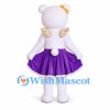 Bear Mascot Costume in White with Purple Skirt and Gold Wings
