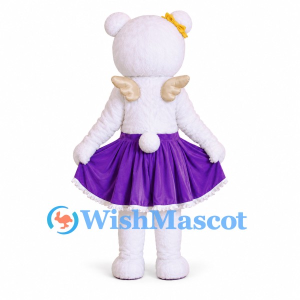 Bear Mascot Costume in White with Purple Skirt and Gold Wings