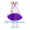 Bear Mascot Costume in White with Purple Skirt and Gold Wings