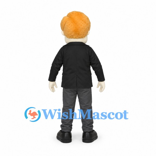 Businessman Mascot Costume with Black Suit and Blue Tie