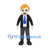Businessman Mascot Costume with Black Suit and Blue Tie