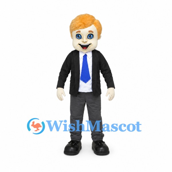 Businessman Mascot Costume with Black Suit and Blue Tie
