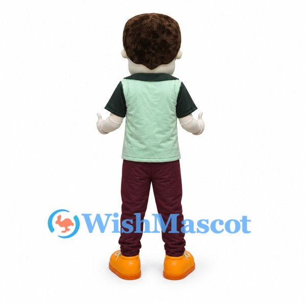 Man Mascot Costume with Brown Hair and Green Shirt