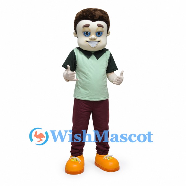 Man Mascot Costume with Brown Hair and Green Shirt