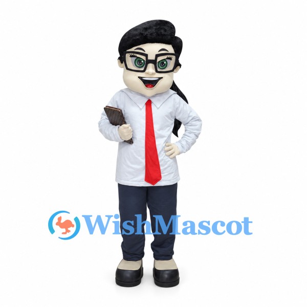 Teacher Mascot Costume with Glasses and Red Tie