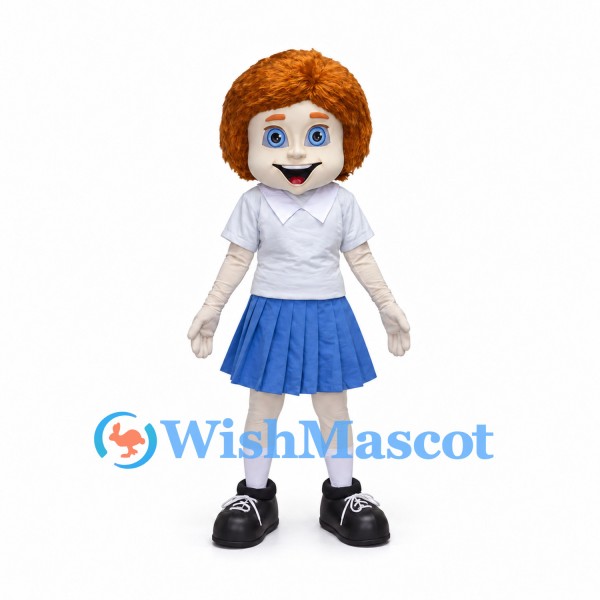 Schoolgirl Mascot Costume with White Shirt and Blue Skirt