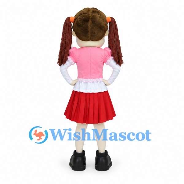 Schoolgirl Mascot Costume with Pigtails and Red Skirt