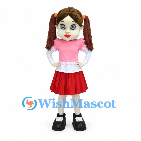 Schoolgirl Mascot Costume with Pigtails and Red Skirt
