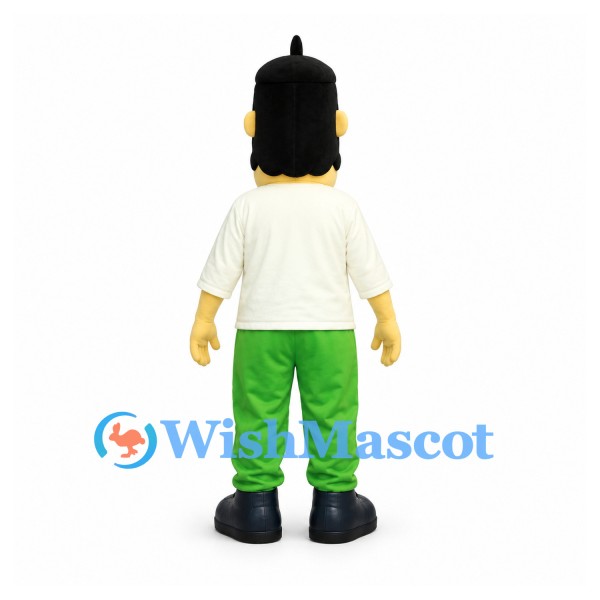 Man Mascot Costume with Black Hair, White Shirt and Green Trousers