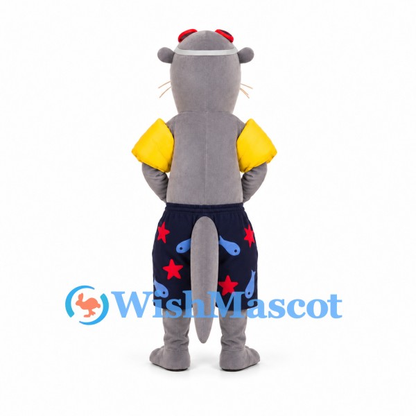 Otter Mascot Costume with Yellow Sleeves and Patterned Swim Shorts