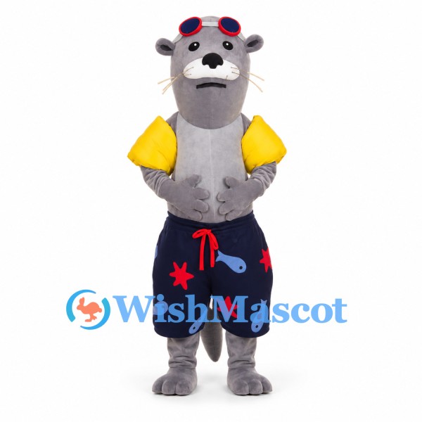 Otter Mascot Costume with Yellow Sleeves and Patterned Swim Shorts
