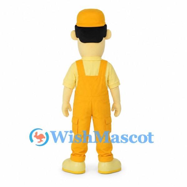 Worker Mascot Costume with Yellow Cap and Overalls