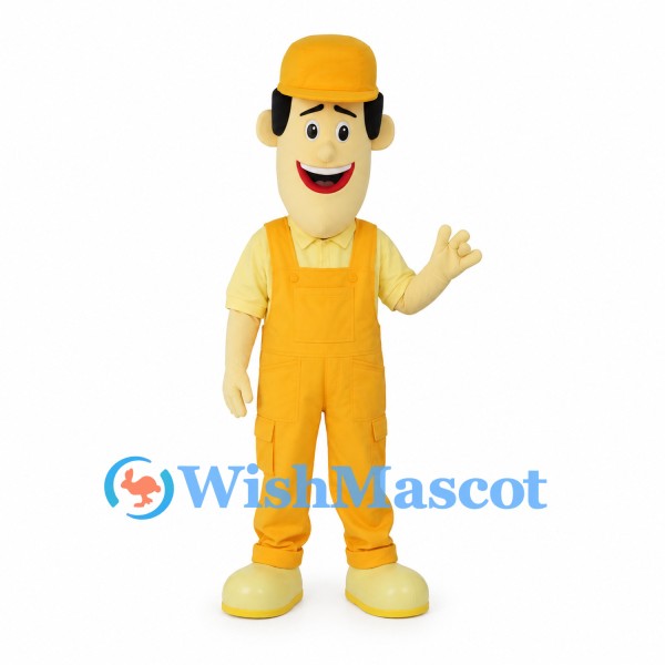 Worker Mascot Costume with Yellow Cap and Overalls