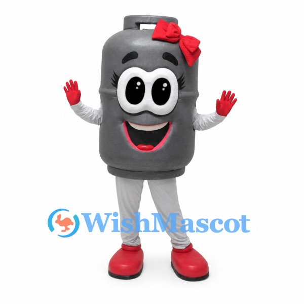 Gas Cylinder Mascot Costume in Gray with Red Bow